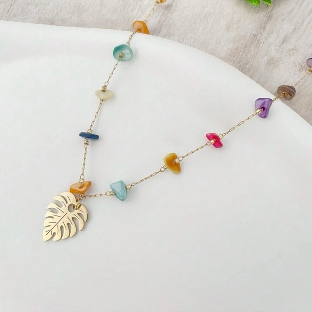 Stylish Minimalist Leaf Design Colorful Stone Stainless Steel Necklace